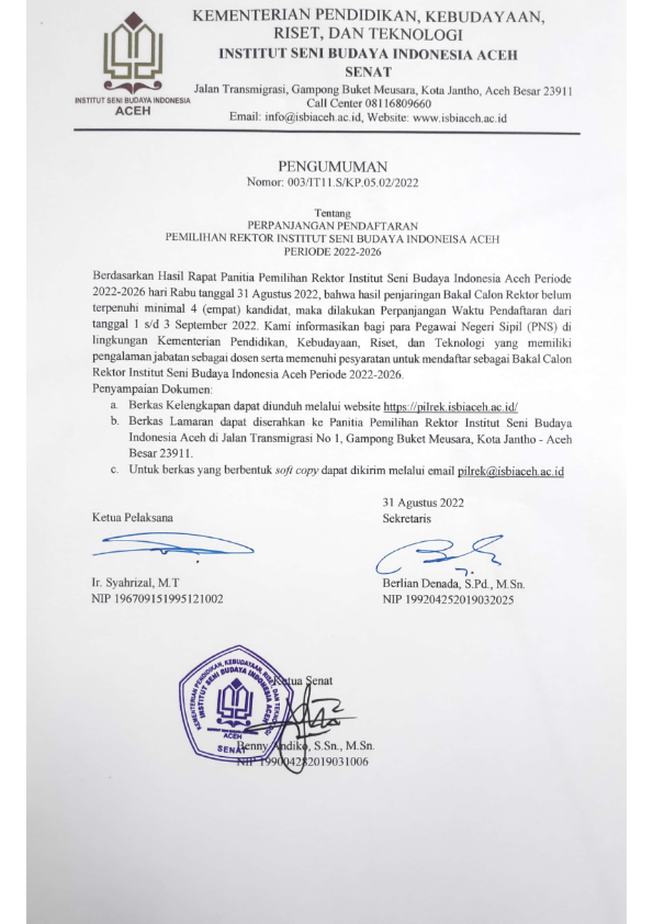 Salinan pengumuman perpanjangan pemilihan Rektor di ISBI Aceh. [Dok. ist]