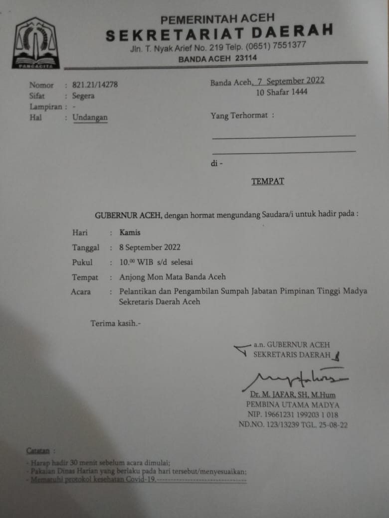Salinan undangan pelantikan dan pengambilan sumpah jabatan JPT Madya Sekda Aceh. [Dok. ist]