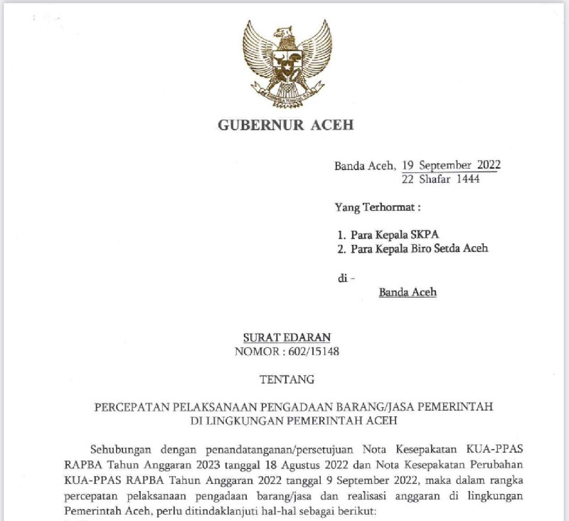 PJ Gubernur Aceh Minta Seluruh SKPA Percepat Pengadaan Barang/Jasa dan Realisasi Anggaran