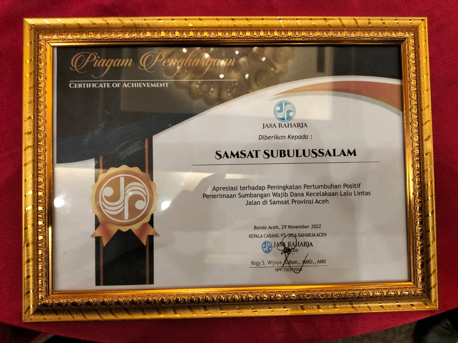 Samsat Subulussalam Dapat Penghargaan dari Jasa Raharja Aceh