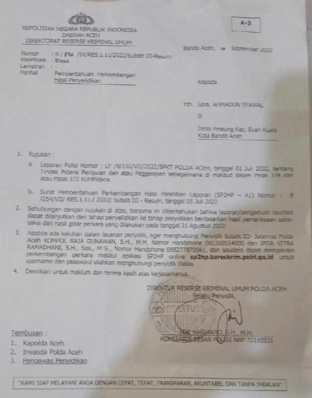 Kasus Penipuan, Kuasa Hukum Minta Polda Aceh Segera Tetapkan Tersangka AG Cs