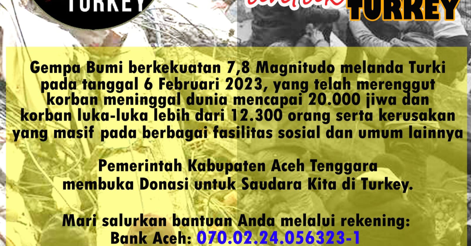 Pemerintah Kabupaten Aceh Tenggara Buka Rekening Donasi untuk Gempa Turki