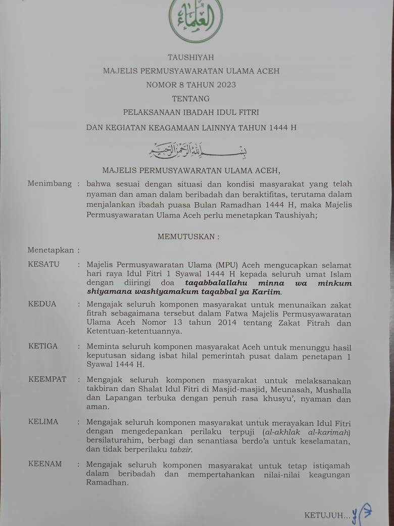 MPU Aceh Keluarkan Taushiyah Pelaksanaan Idul Fitri 1444 H, Ini Isinya