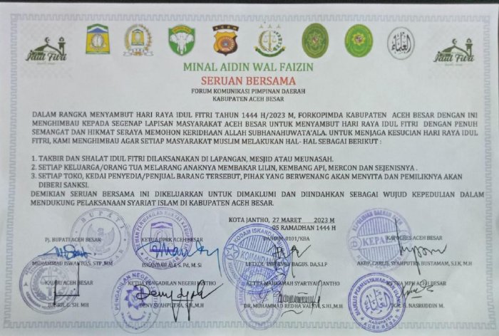 Imbauan Bersama Forkopimda Aceh Besar Sambut Idul Fitri 2023, Simak Pesannya!