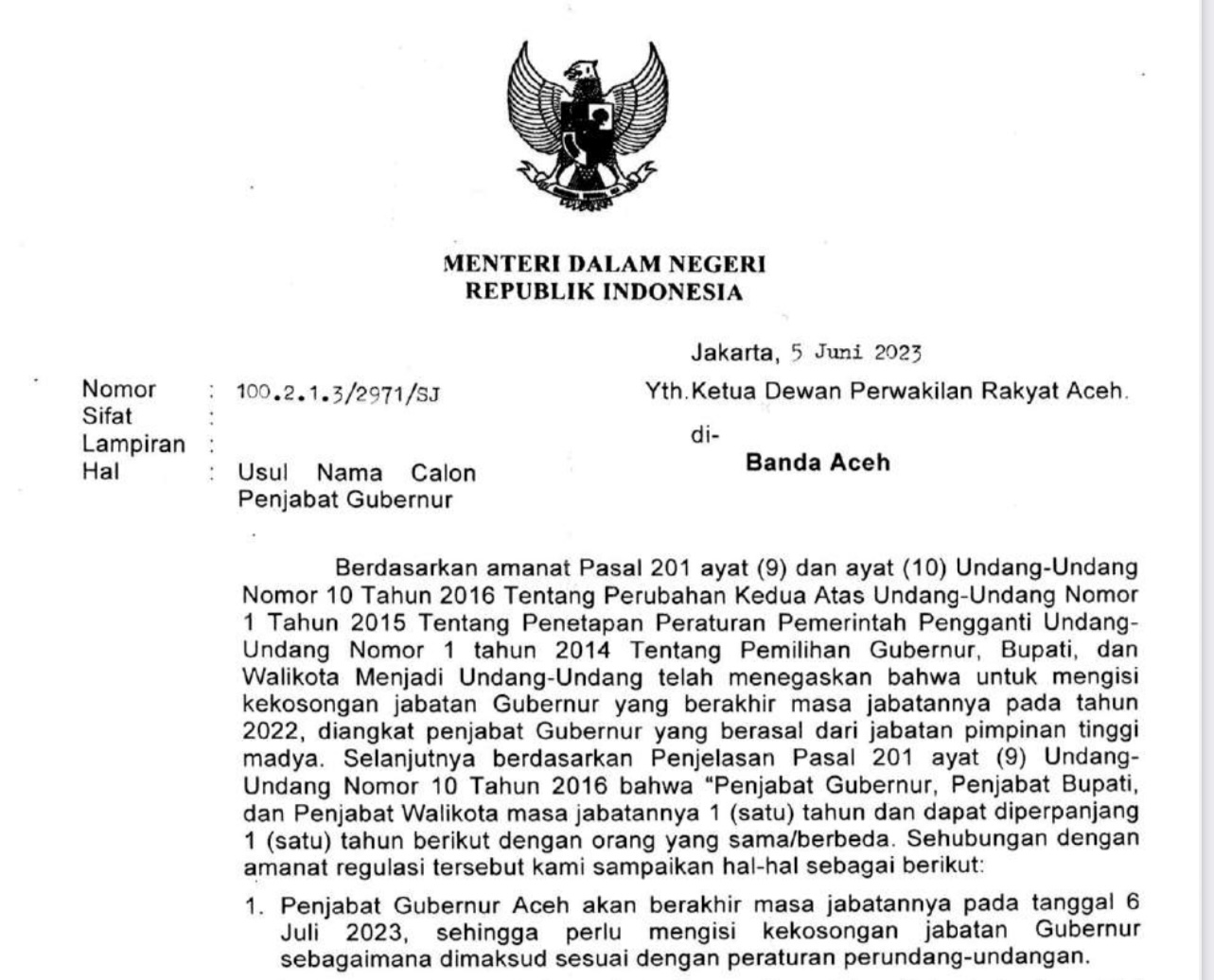 Mendagri Instruksikan DPRA Usul Tiga Calon Pj Gubernur Aceh