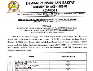 Komisi I DPRK Tetapkan 5 Nama yang Lulus Komisioner KIP Aceh Besar