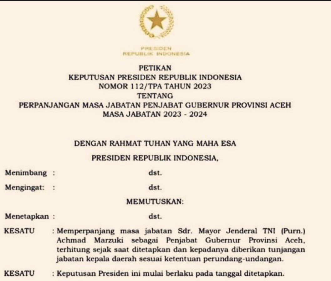 Beredar Keppres Perpanjang Masa Jabatan PJ Gubernur Aceh Achmad Marzuki, Akademisi: Jangan Mudah Terpancing