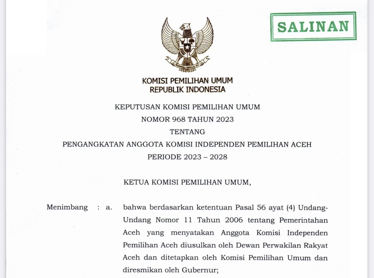 KPU RI Resmi Tetapkan 7 Nama Anggota KIP Aceh Periode 2023-2028