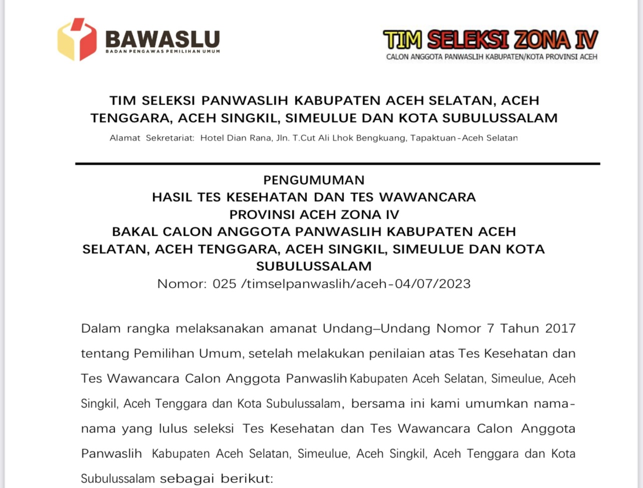 Ini Nama-nama 6 Besar Calon Komisioner Bawaslu Zona IV Aceh
