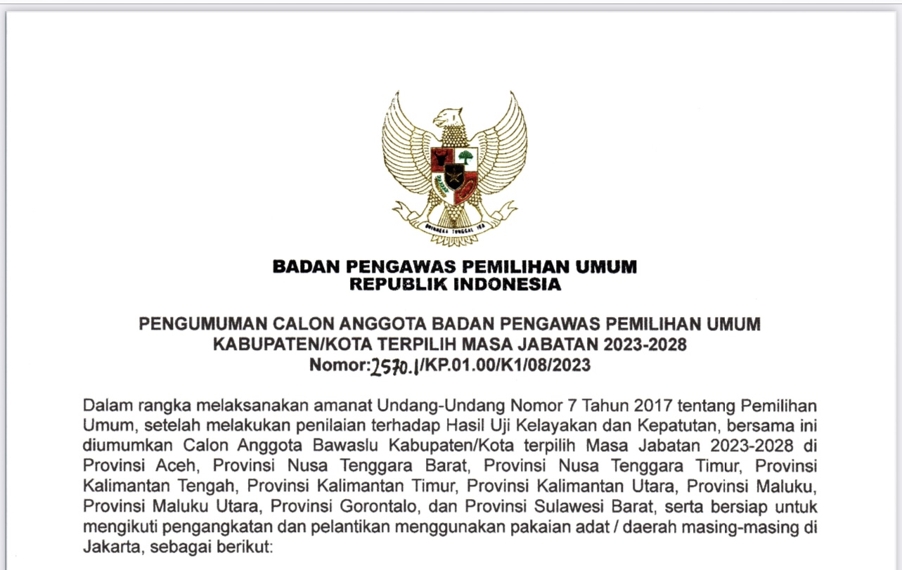 Akhirnya Bawaslu Umumkan Nama-nama Anggota Panwaslih Kabupaten/Kota se Aceh