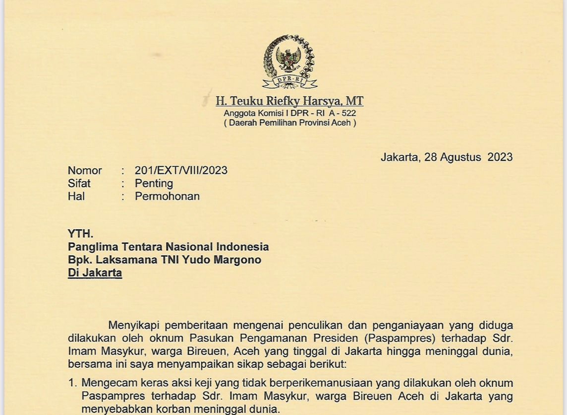 Resmi Surati Panglima TNI, Teuku Riefky Harsya Minta Keluarga Korban Diperhatikan Khusus