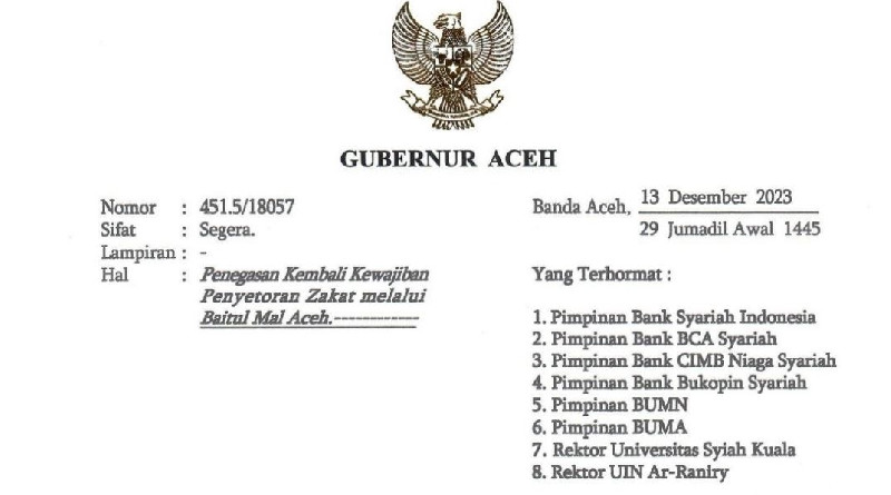 Penjabat Gubernur Aceh Kirim Surat Penegasan Kewajiban Penyetoran Zakat Melalui BMA