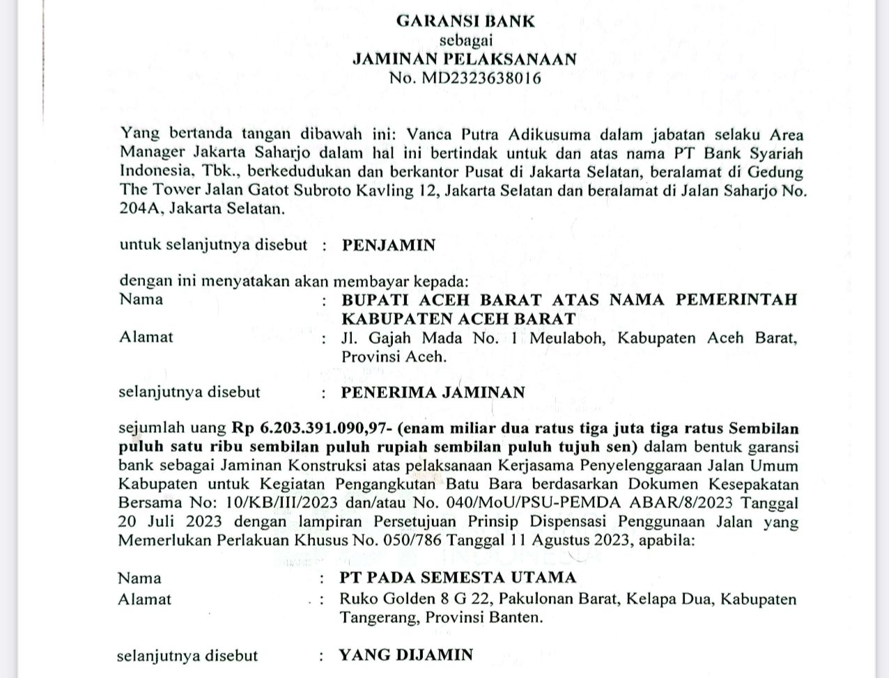PT PSU Kontraktor PT AJB  Sudah Setor Deposit untuk 2023 ke Pemkab Aceh Barat