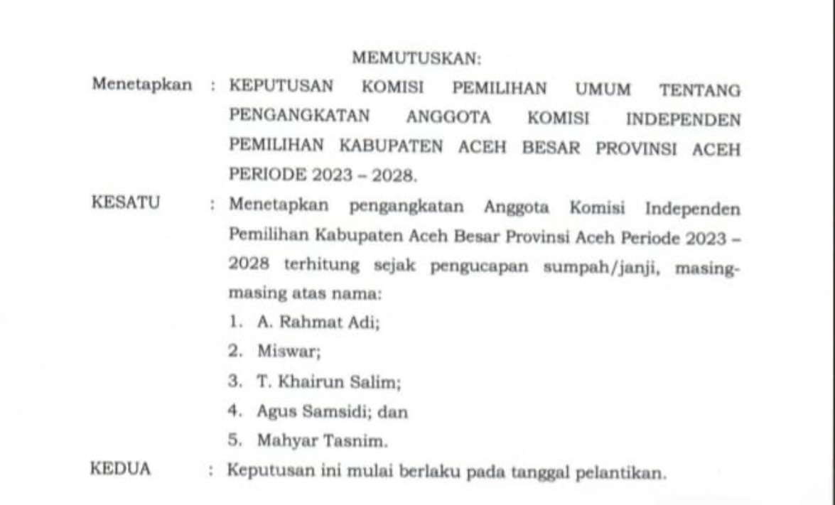 KPU Tetapkan 5 Komisioner KIP Aceh Besar