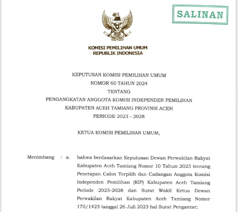 5 Komisioner KIP Aceh Tamiang Ditetapkan KPU, Ini Nama-namanya