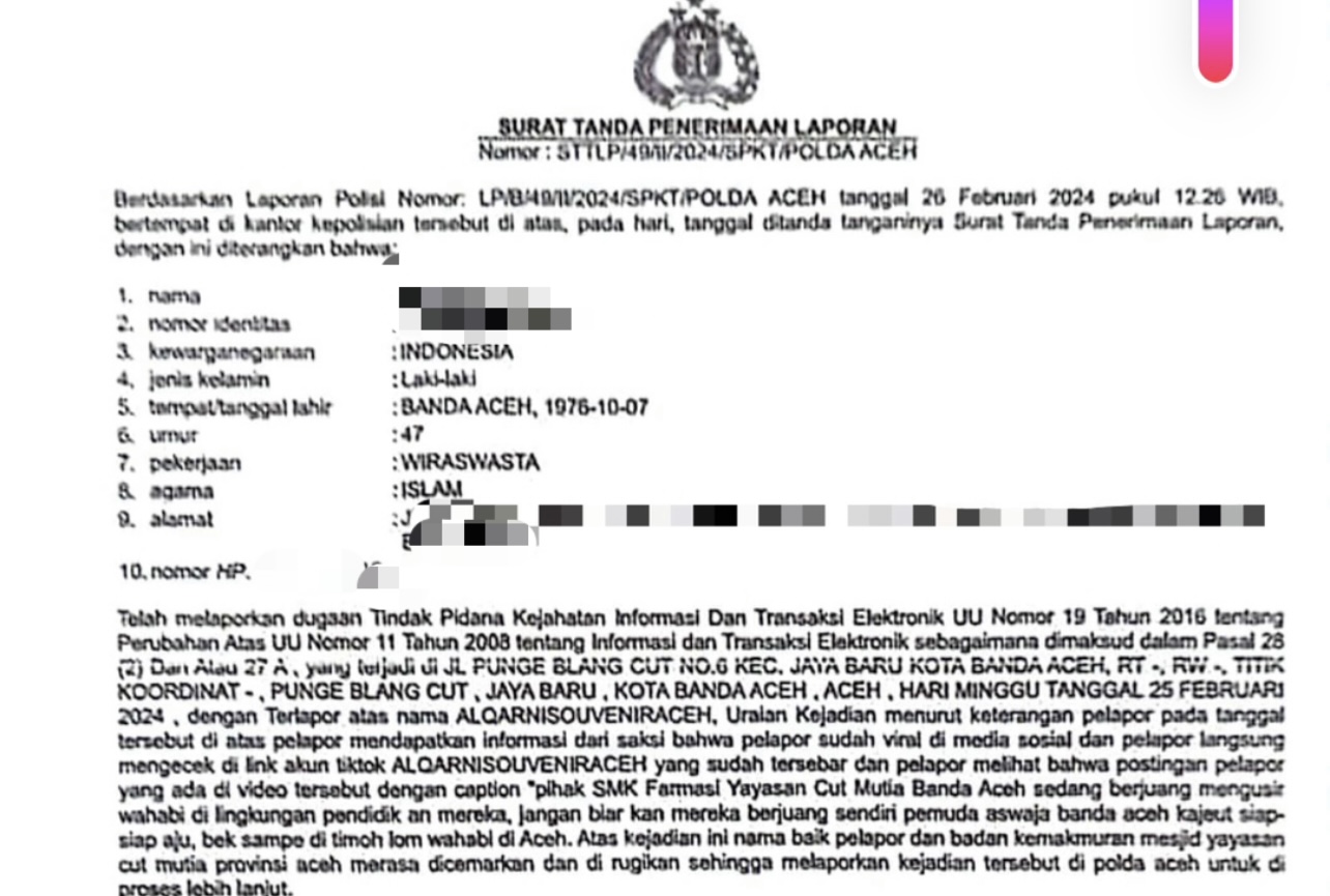 Kasus Penutupan Masjid Cut Meutia, Pemilik Akun TikTok @alqarnisouveniraceh Dilaporkan ke Polda Aceh