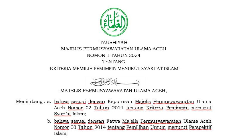MPU Aceh Terbitkan Taushiyah tentang Kriteria Memilih Pemimpin Menurut Syari'at Islam