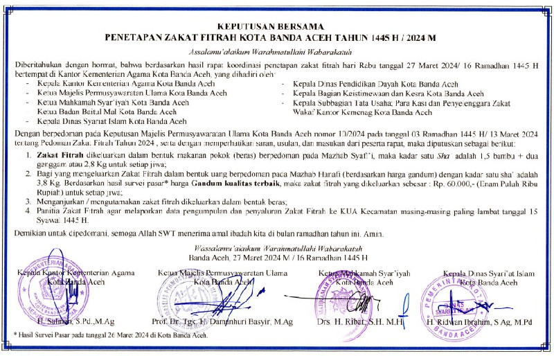 Kemenag Banda Aceh Tetapkan Zakat Fitrah 1445 H, Dianjurkan Pakai Beras
