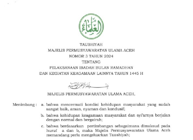 MPU Aceh Keluarkan Taushiyah Pelaksanaan Ibadah Bulan Ramadan 1445 H