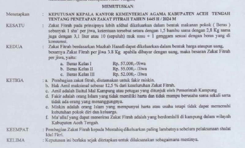 Pemkab dan Kemenag Aceh Tengah Tetapkan Besaran Zakat Fitrah 1445 H