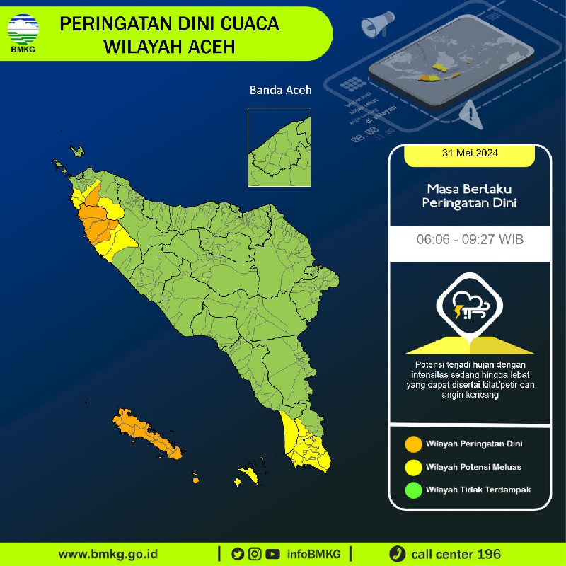 Update 31 Mei: BMKG Aceh Peringatkan Potensi Hujan Lebat Disertai Kilat dan Angin Kencang