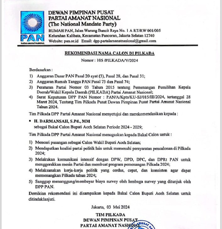 DPP PAN Rekomendasi Tunggal H. Darmansah Jadi Bacabup Aceh Selatan