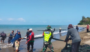 Bantu Tarik Pukat Ikan, Babinsa Ingatkan Nelayan Jaga Kelestarian Laut