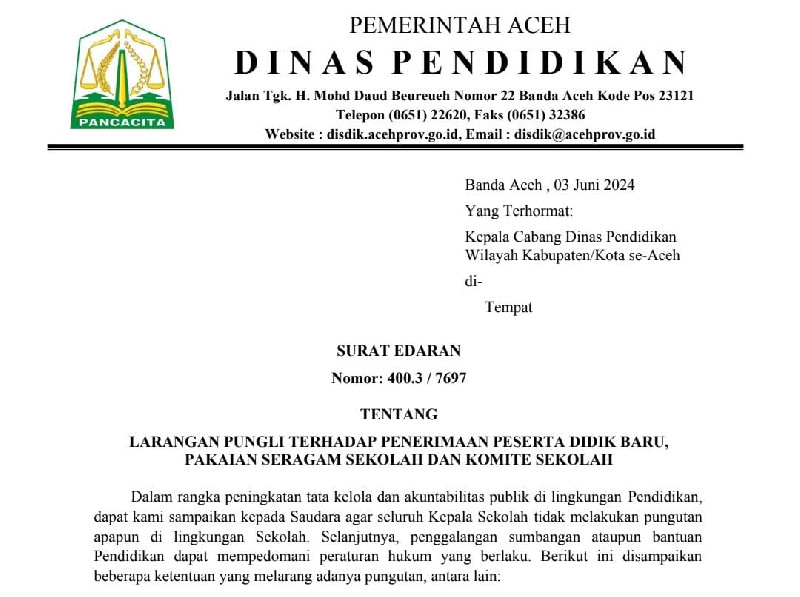 Disdik Aceh Terbitkan Surat Edaran Larangan Pungli Terhadap PPDB