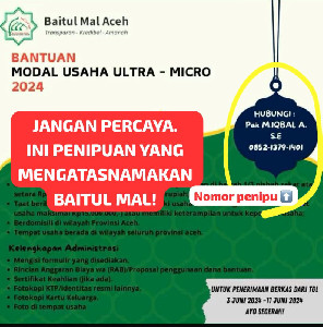 Waspada! Penipu Catut Baitul Mal Aceh Sebarkan Hoax Bantuan Ultra Mikro