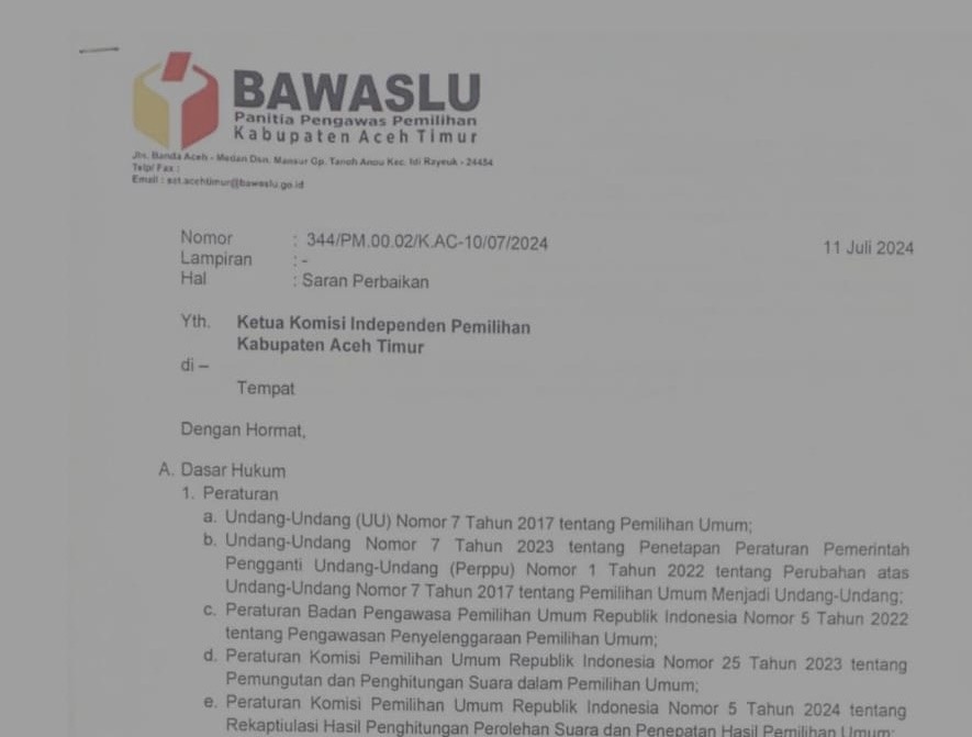 Bawaslu Kembali Temukan Ketidaksesuaian Perhitungan Suara pada PSSU di Aceh Timur