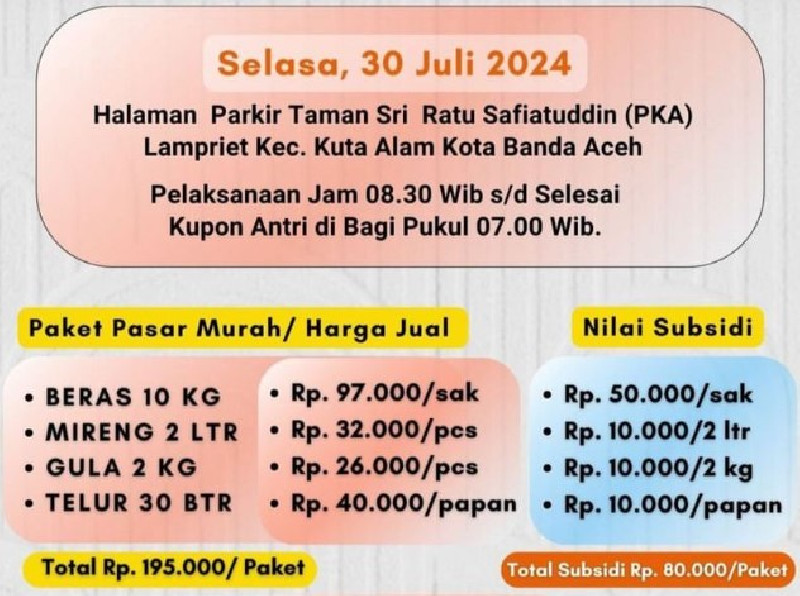 Besok, Ada Pasar Murah di Taman Sri Ratu Safiatuddin