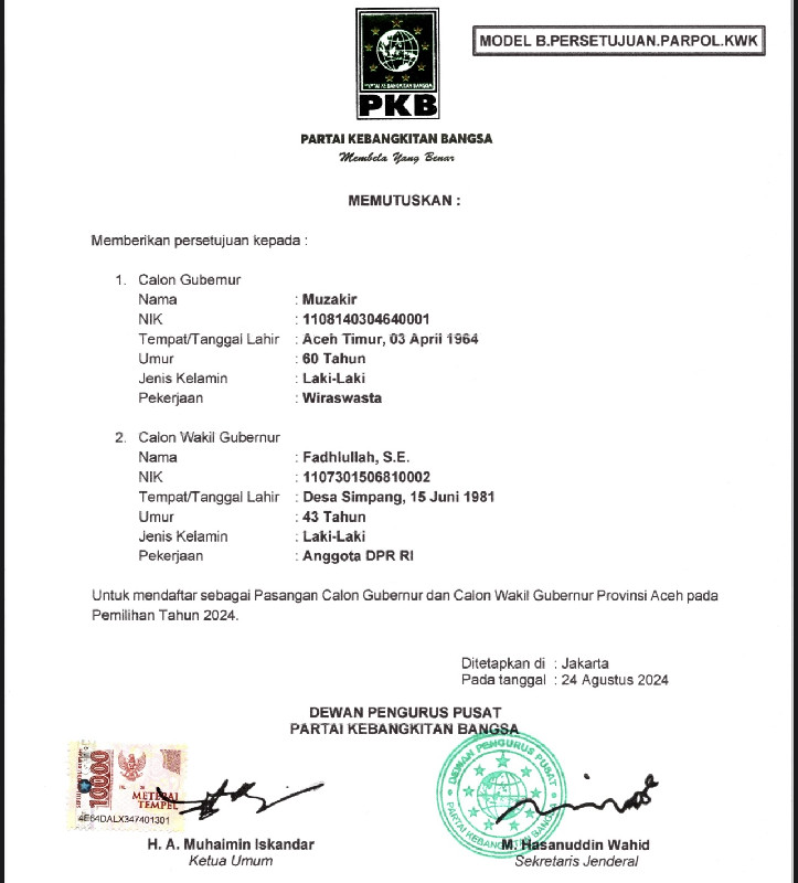 PKB Resmi Keluarkan B1KWK untuk Mualem-Dek Fad di Pilgub Aceh