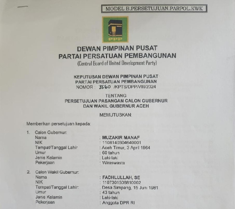 PPP Resmi Putuskan Muzakkir Manaf - Fadhlullah di Pilgub Aceh 2024