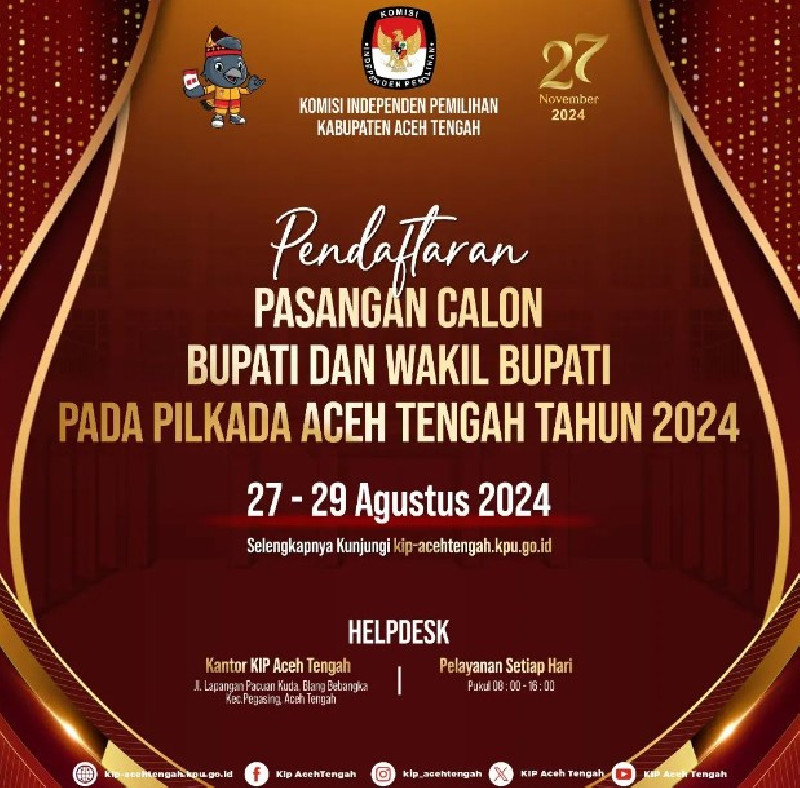 KIP Kabupaten Aceh Tengah Umumkan Pendaftaran Bakal Calon Bupati dan Wakil Bupati Tahun 2024