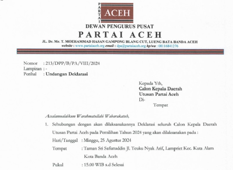 Deklarasi Calon Kepala Daerah Partai Aceh akan Hadirkan Ulama, Tokoh Masyarakat dan Cendekia