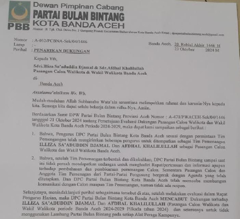 Partai Bulan Bintang Cabut Dukungan untuk Pasangan Illiza-Afdhal