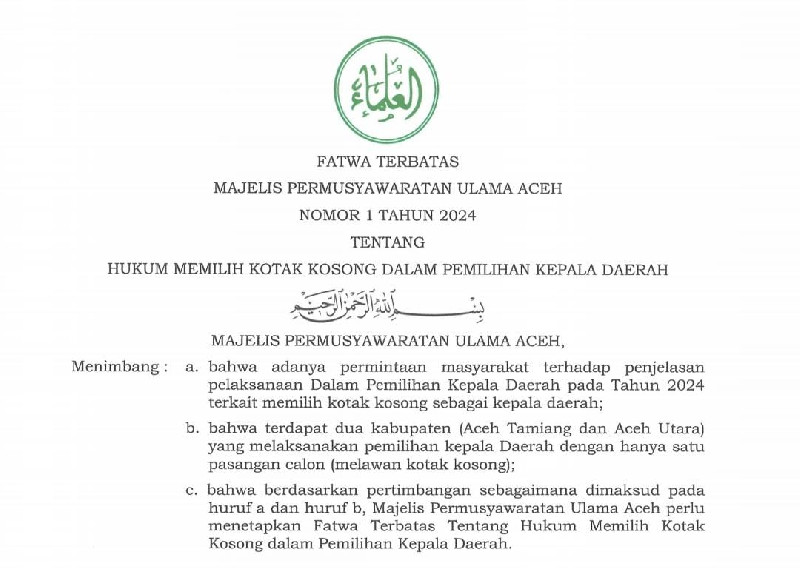 Fatwa MPU Aceh: Hukum Mencoblos Kotak Kosong Boleh