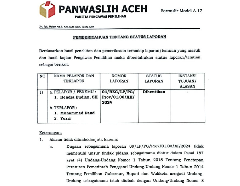 Panwaslih Aceh Hentikan Laporan Dugaan Provokasi Debat Gubernur