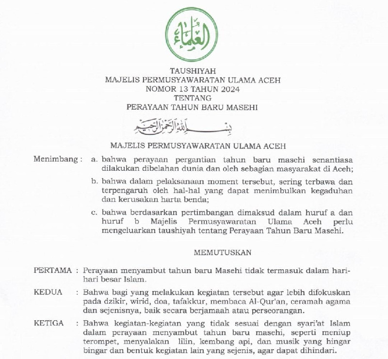 MPU Aceh Serukan Perayaan Tahun Baru Masehi dengan Kegiatan Islami