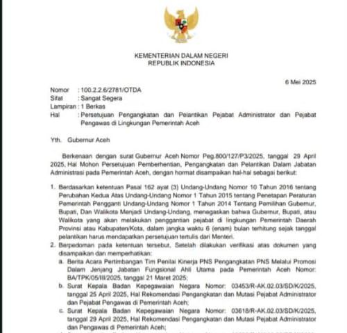 Mendagri Setujui Pengangkatan 79 Pejabat Administrator dan Pengawas di Lingkungan Pemerintah Aceh