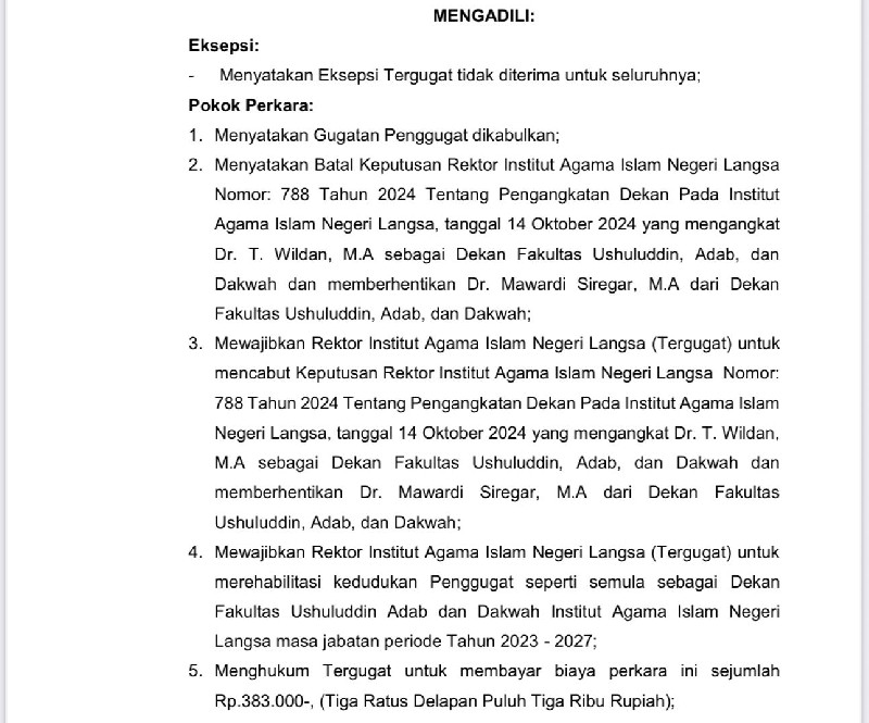 PTUN Banda Aceh Batalkan Keputusan Rektor IAIN Langsa, Putuskan Rehabilitasi Dr. Mawardi Siregar