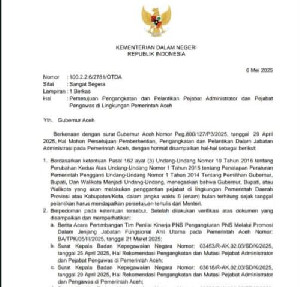 Mendagri Setujui Pengangkatan 79 Pejabat Administrator dan Pengawas di Lingkungan Pemerintah Aceh