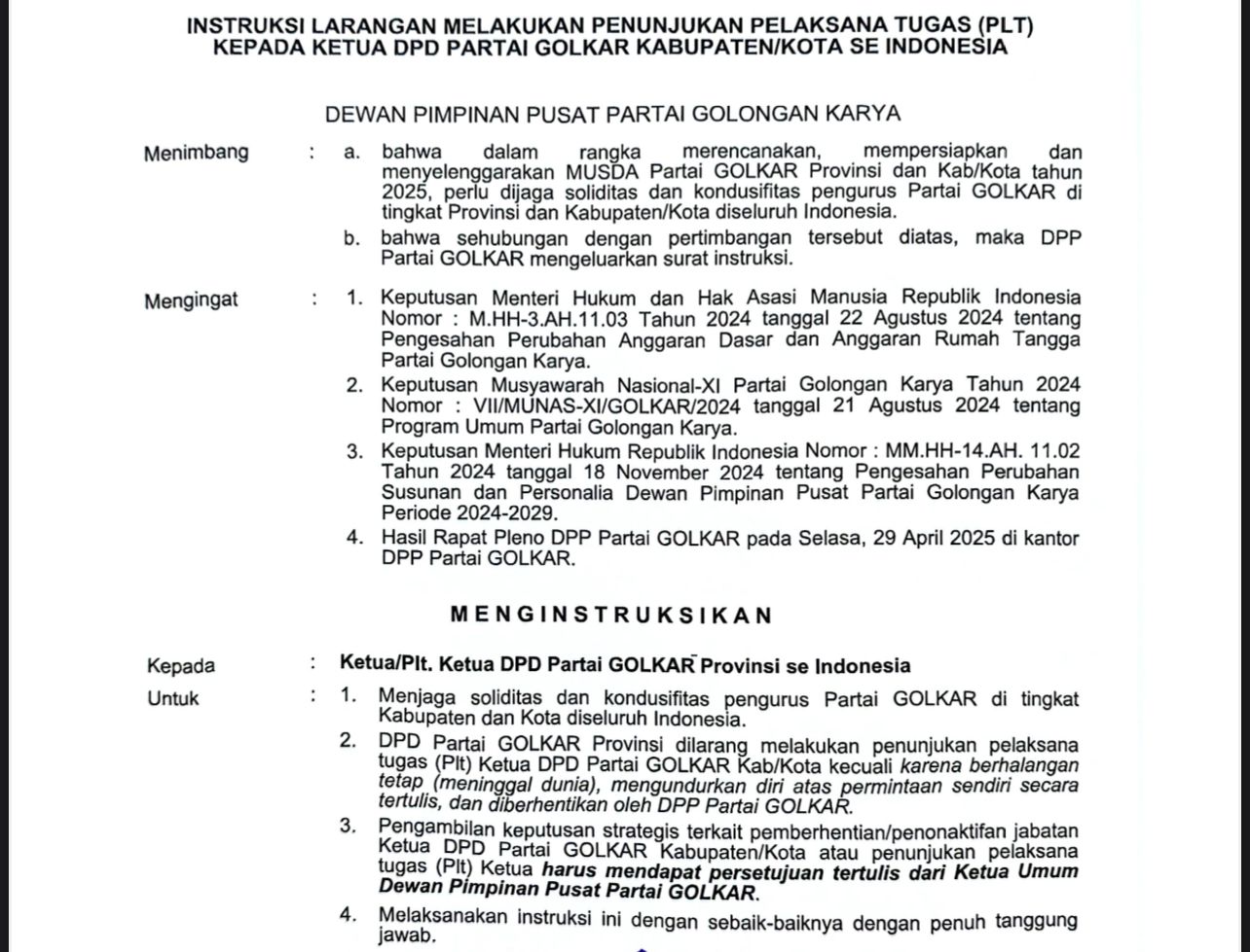 DPP Partai Golkar Larang Penunjukan Plt Ketua DPD Kabupaten/Kota