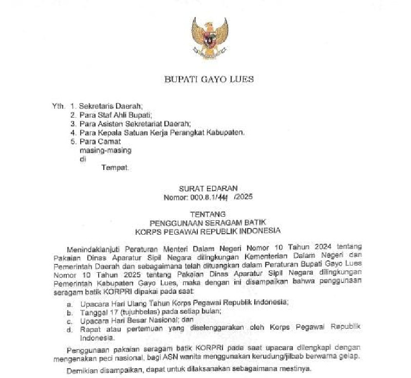 Pemkab Gayo Lues Terbitkan Surat Edaran Soal Kewajiban Pakai Seragam Batik KORPRI