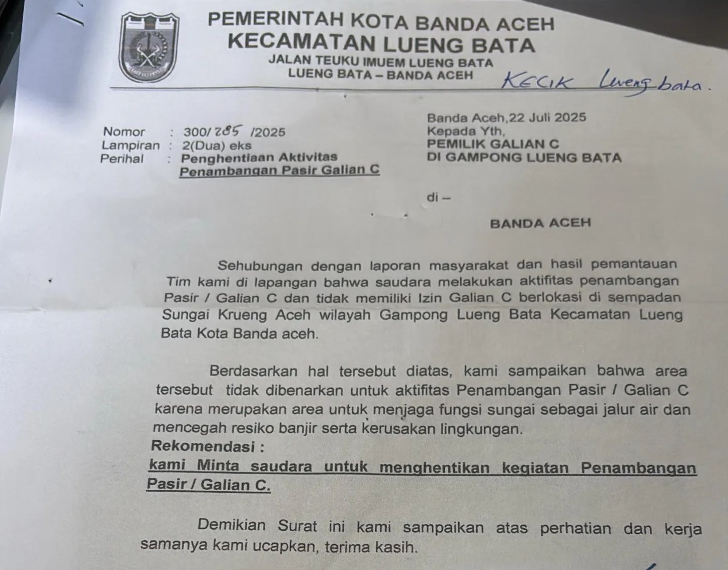 Camat Lueng Bata Surati Pemilik Galian C Ilegal di Wilayah Sempadan Krueng Aceh