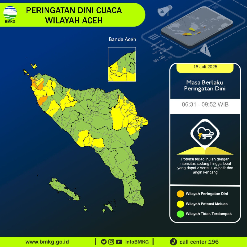Prakiran BMKG Aceh Hari ini: Potensi Hujan Lebat Disertai Petir di Sejumlah Wilayah