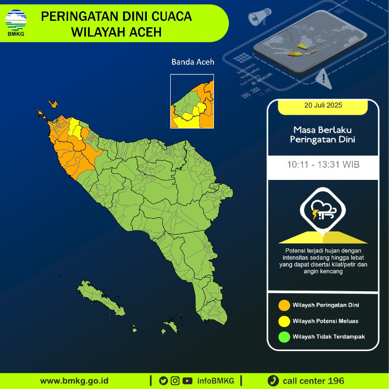 BMKG: Hujan Lebat dan Petir Berpotensi Terjadi di Aceh Hari Ini