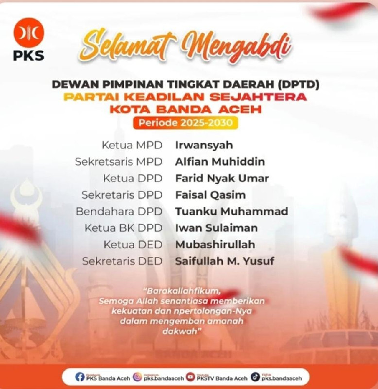 Farid Nyak Umar Kembali Pimpin PKS Banda Aceh untuk Periode Kedua