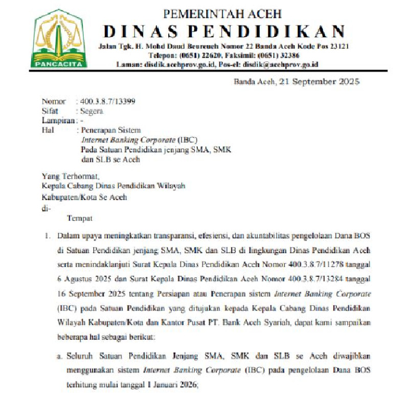 Disdik Aceh Wajibkan Sekolah Gunakan Internet Banking Corporate untuk Dana BOS 2026