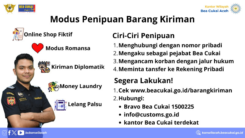 Modus Penipuan Barang Kiriman dari Luar Negeri, Bea Cukai Aceh Imbau Masyarakat Waspada